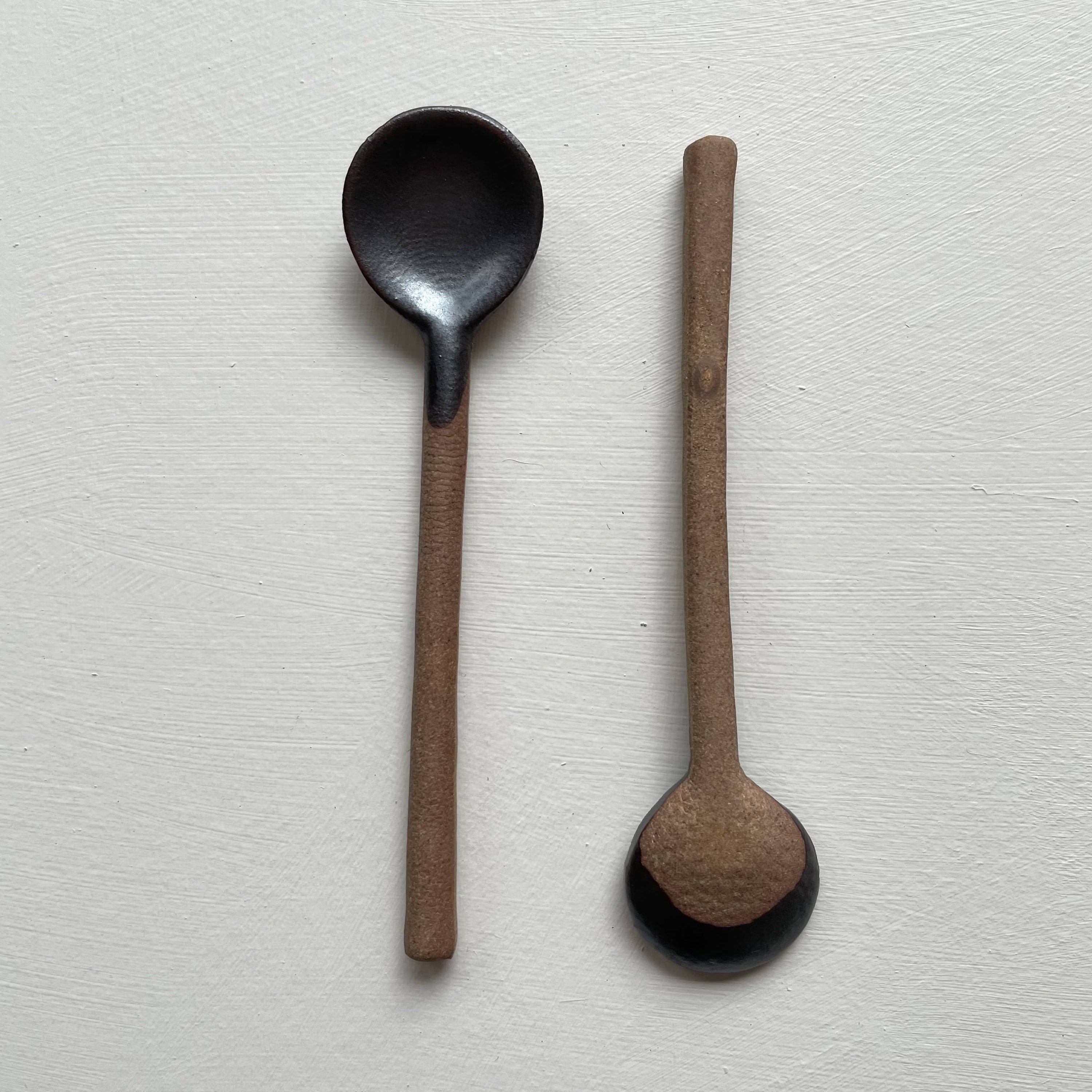 Neutral small handmade Japanese pottery coffee or tea spoon: Black