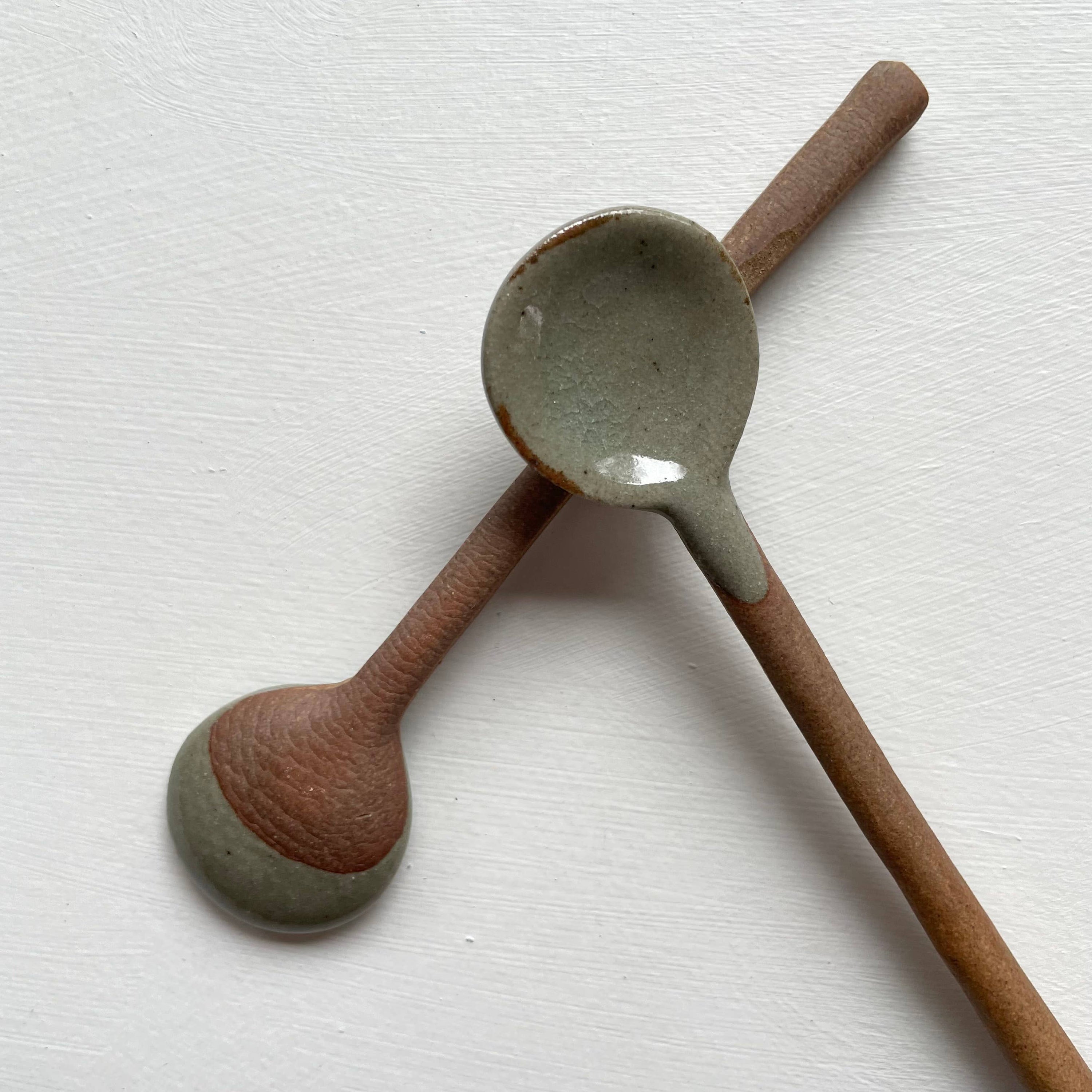 Neutral small handmade Japanese pottery coffee or tea spoon: Green