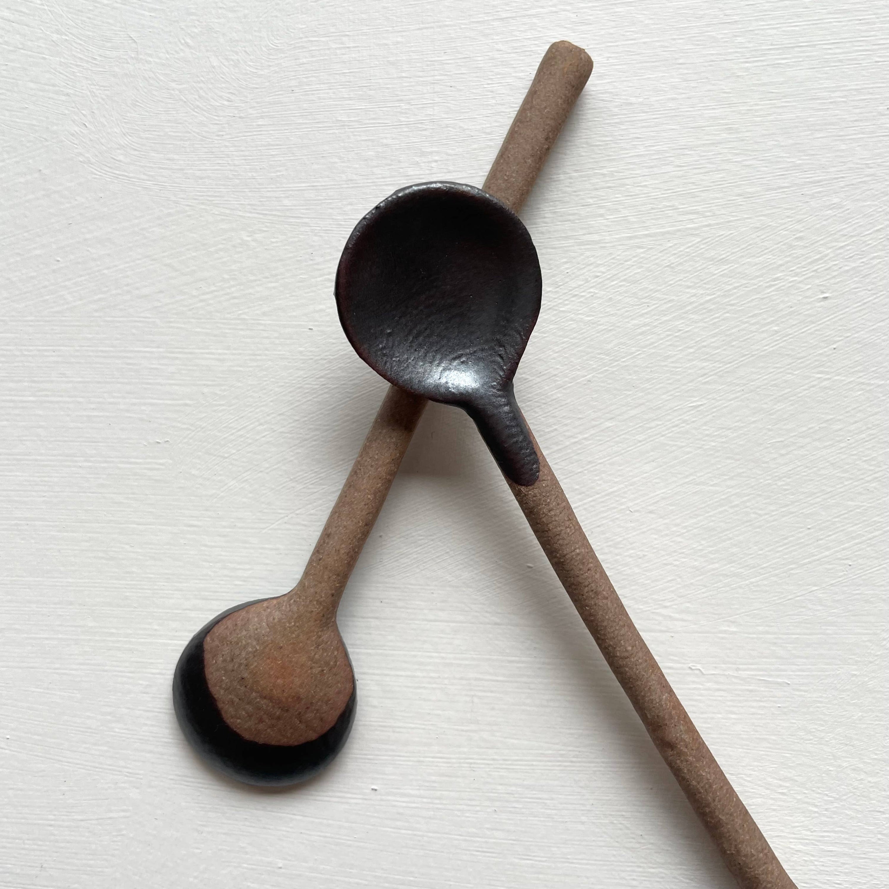 Neutral small handmade Japanese pottery coffee or tea spoon: Black