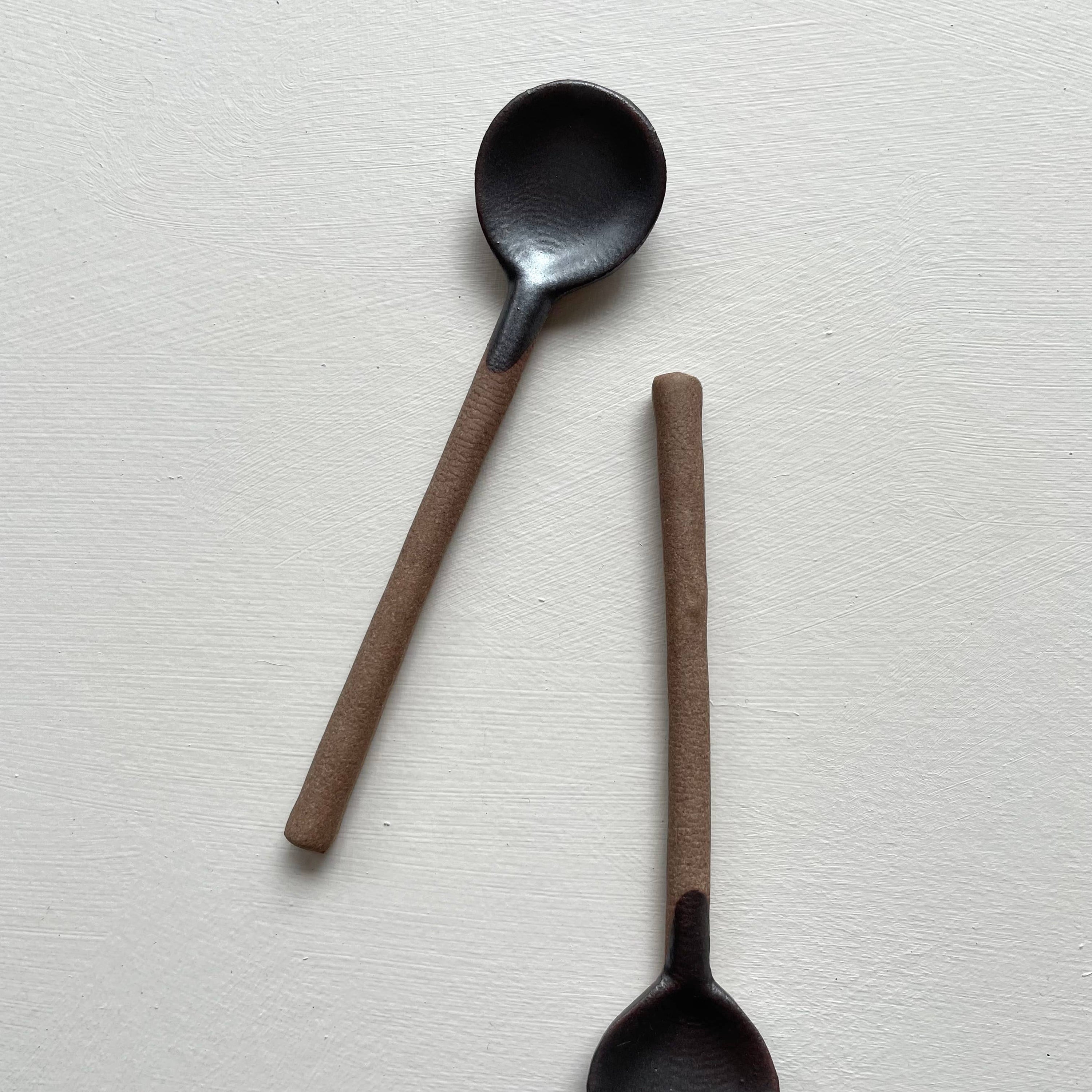 Neutral small handmade Japanese pottery coffee or tea spoon: Black