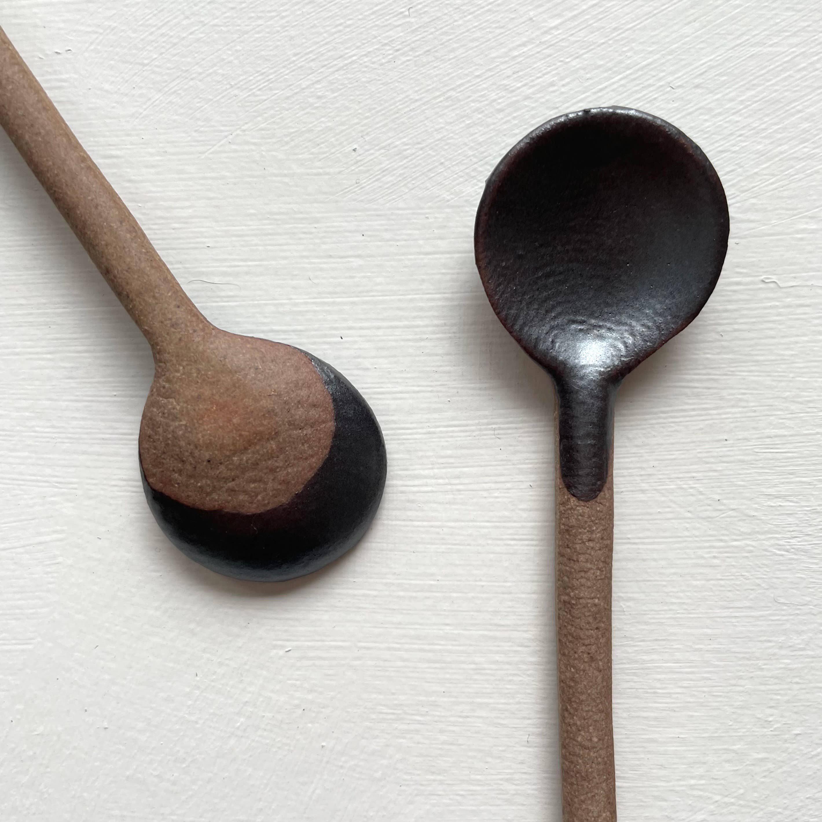 Neutral small handmade Japanese pottery coffee or tea spoon: Black